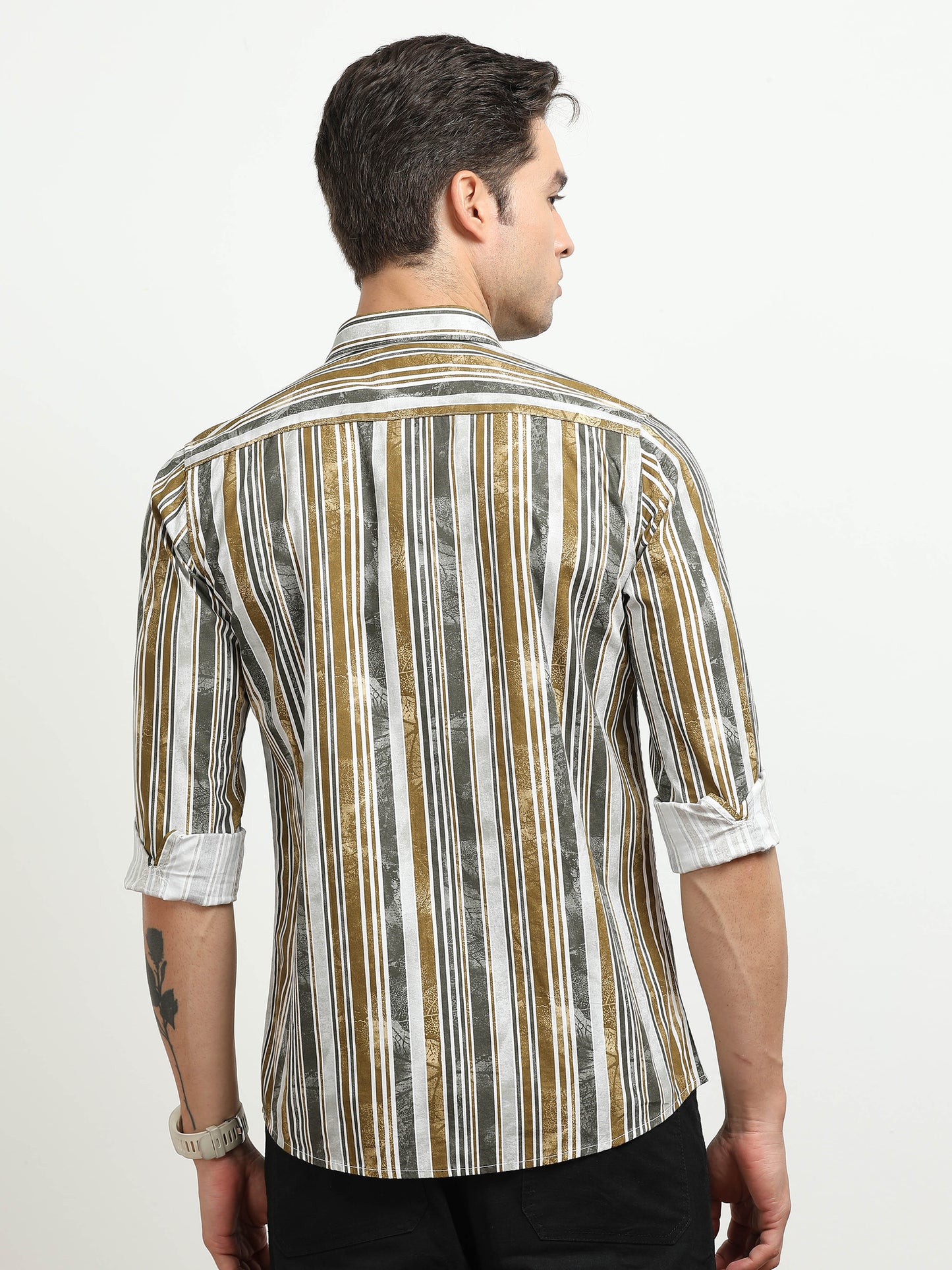 Men’s White & Mustard Striped Slim Fit Casual Shirt By Black Thread