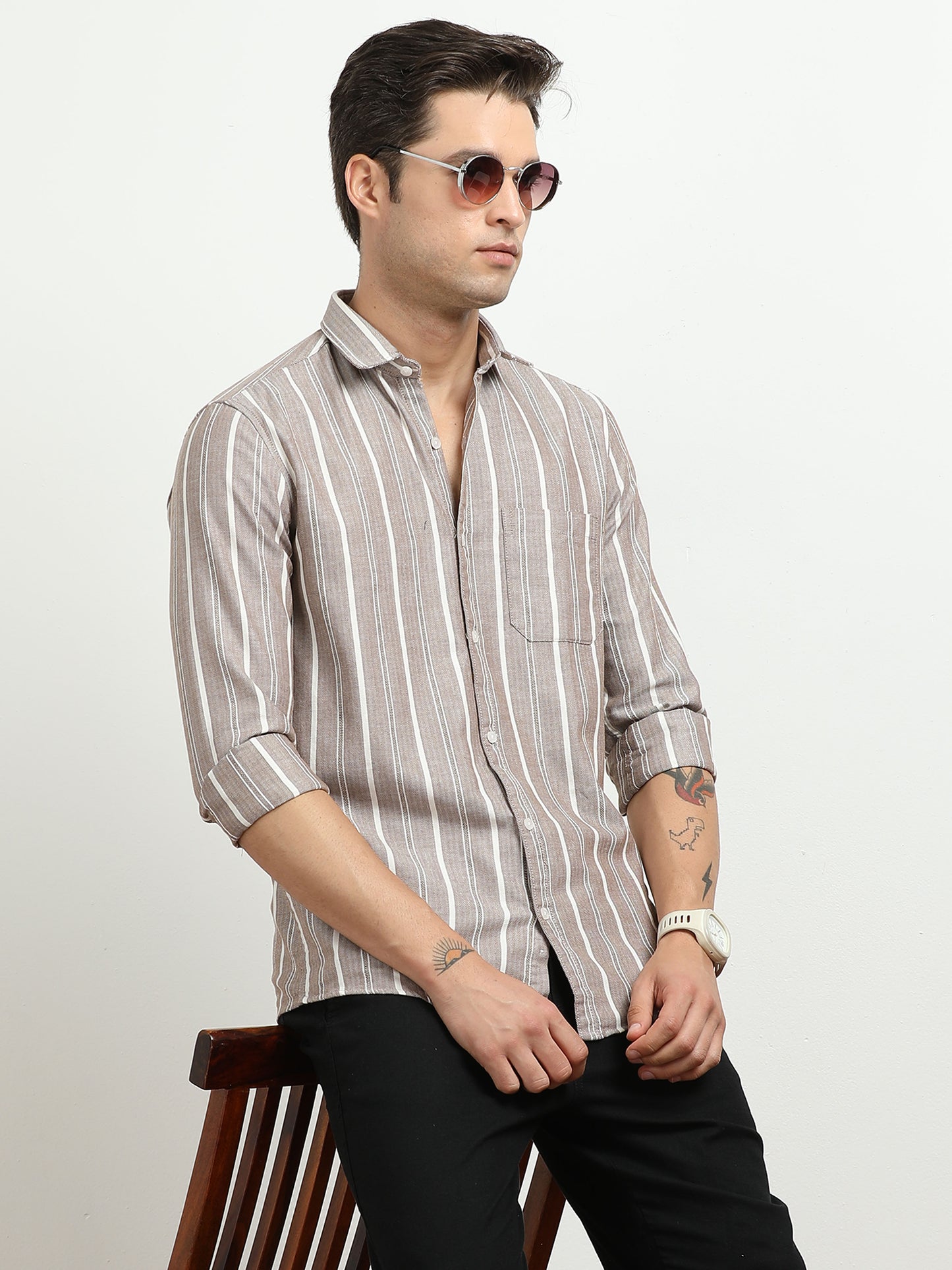 Men’s Brown & White Vertical Striped Slim Fit Casual Shirt By Black Thread