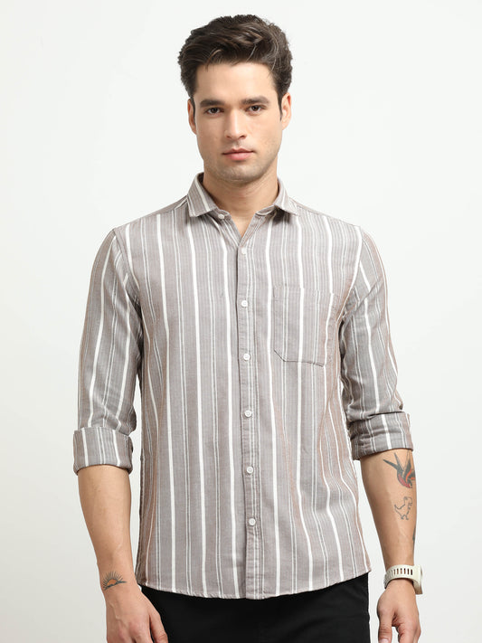 Men’s Brown & White Vertical Striped Slim Fit Casual Shirt By Black Thread