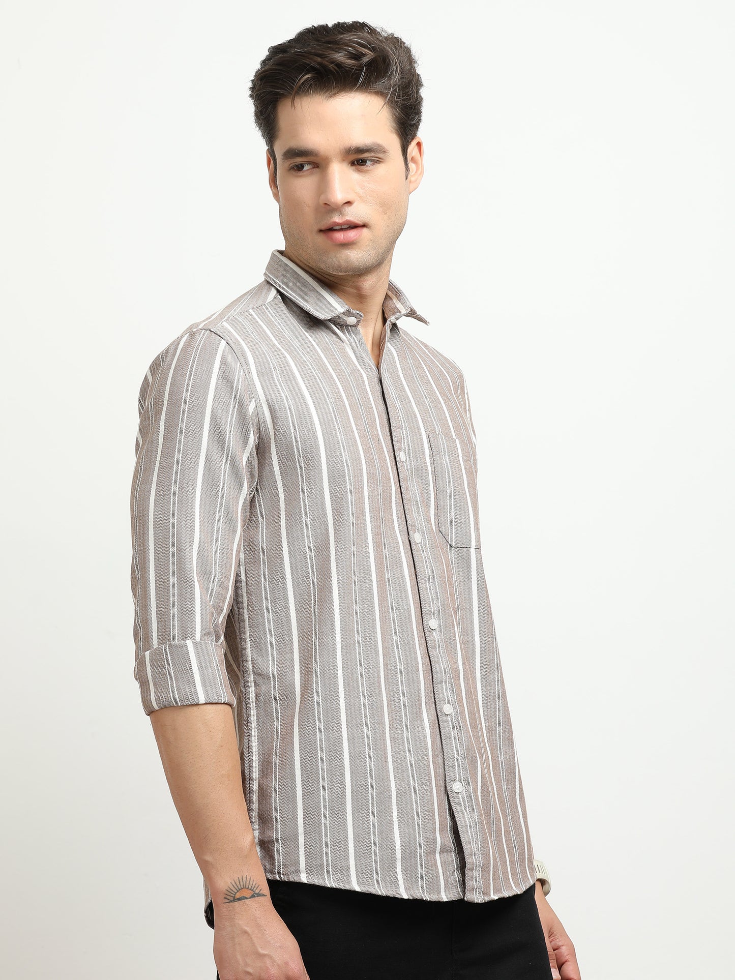 Men’s Brown & White Vertical Striped Slim Fit Casual Shirt By Black Thread
