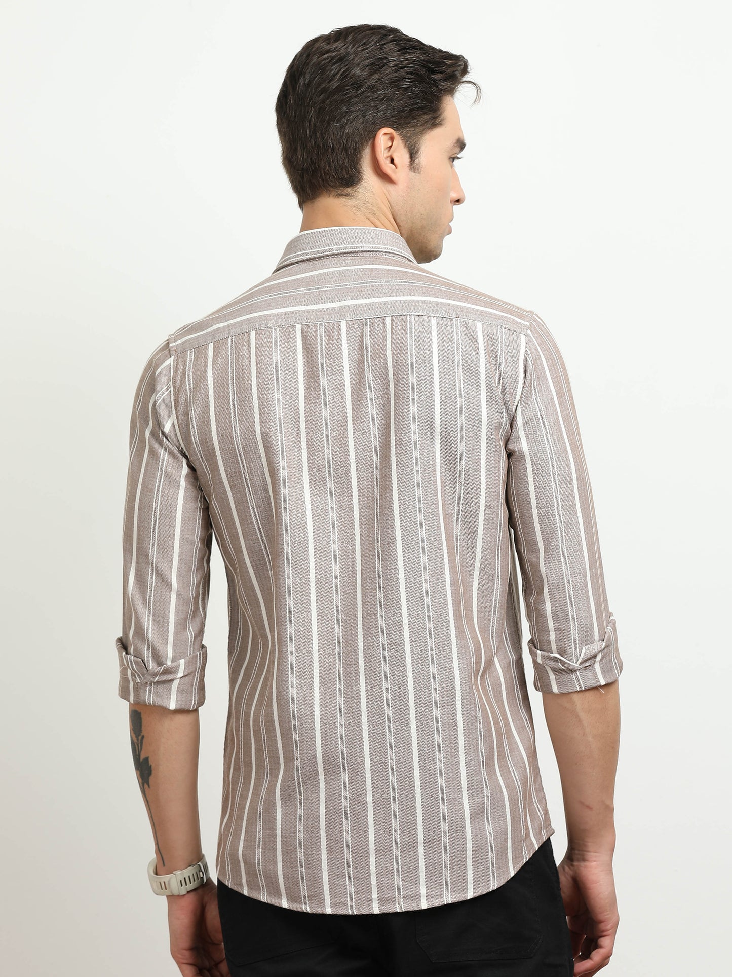 Men’s Brown & White Vertical Striped Slim Fit Casual Shirt By Black Thread