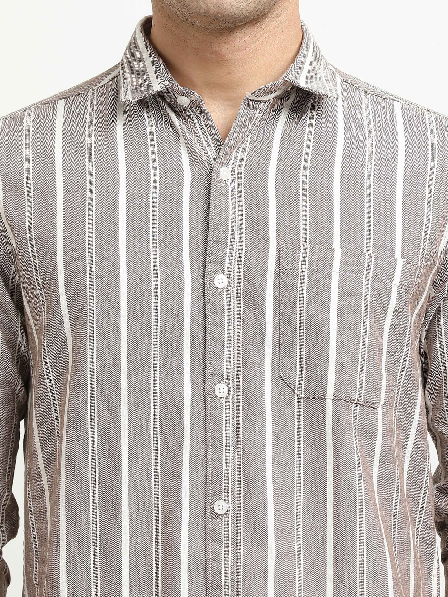 Men’s Brown & White Vertical Striped Slim Fit Casual Shirt By Black Thread