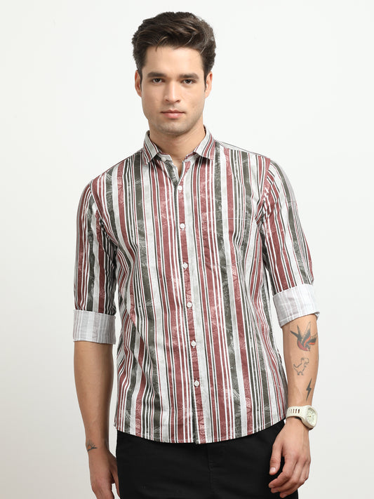 Men’s White with Maroon & Grey Vertical Striped Slim Fit Shirt By Black Thread