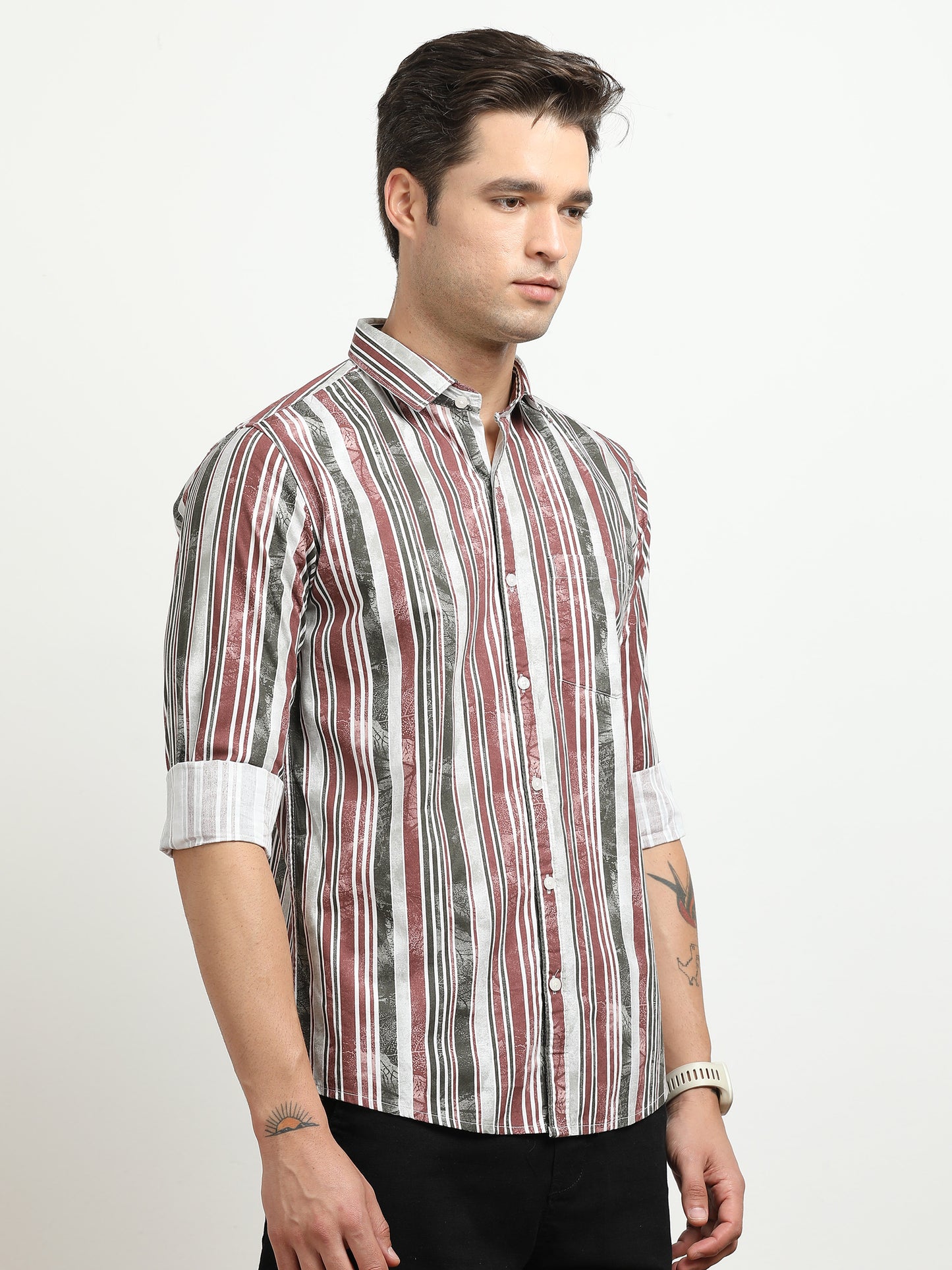 Men’s White with Maroon & Grey Vertical Striped Slim Fit Shirt By Black Thread