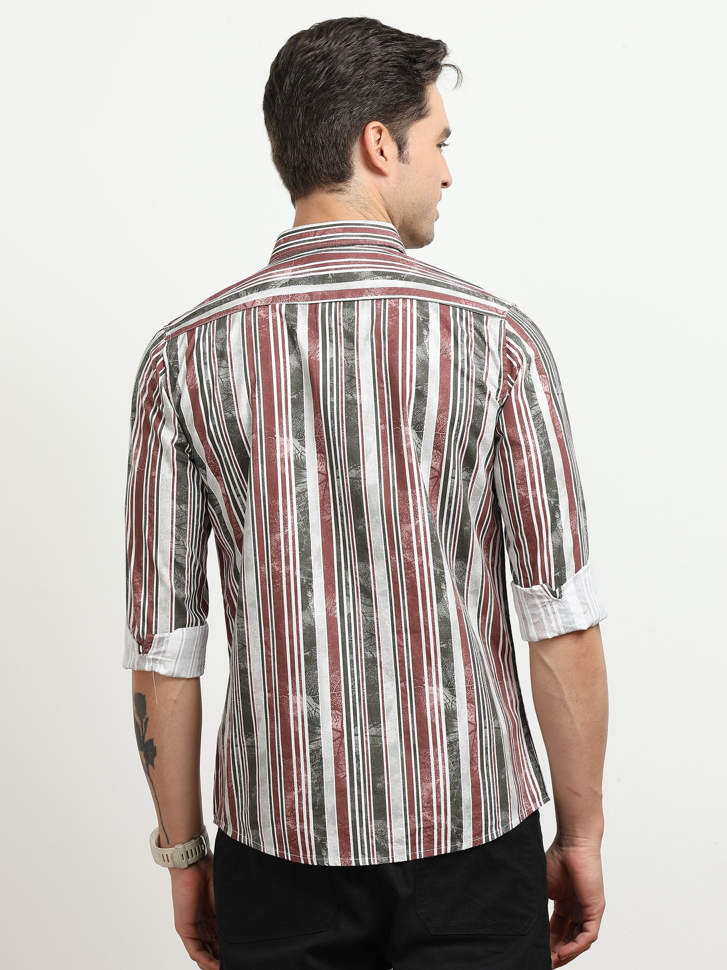 Men’s White with Maroon & Grey Vertical Striped Slim Fit Shirt By Black Thread