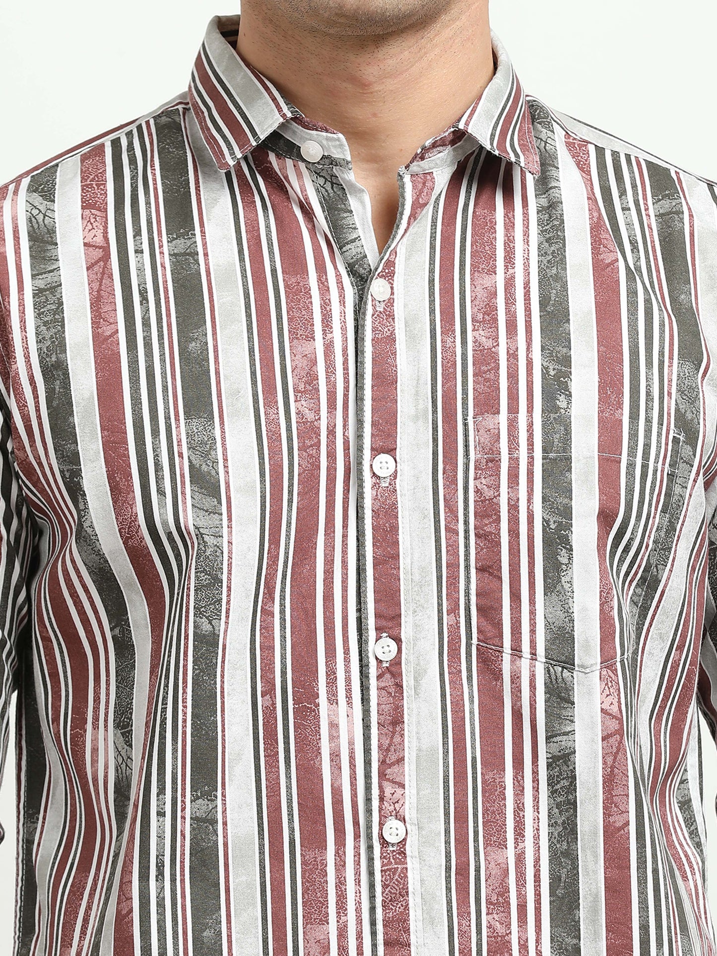 Men’s White with Maroon & Grey Vertical Striped Slim Fit Shirt By Black Thread