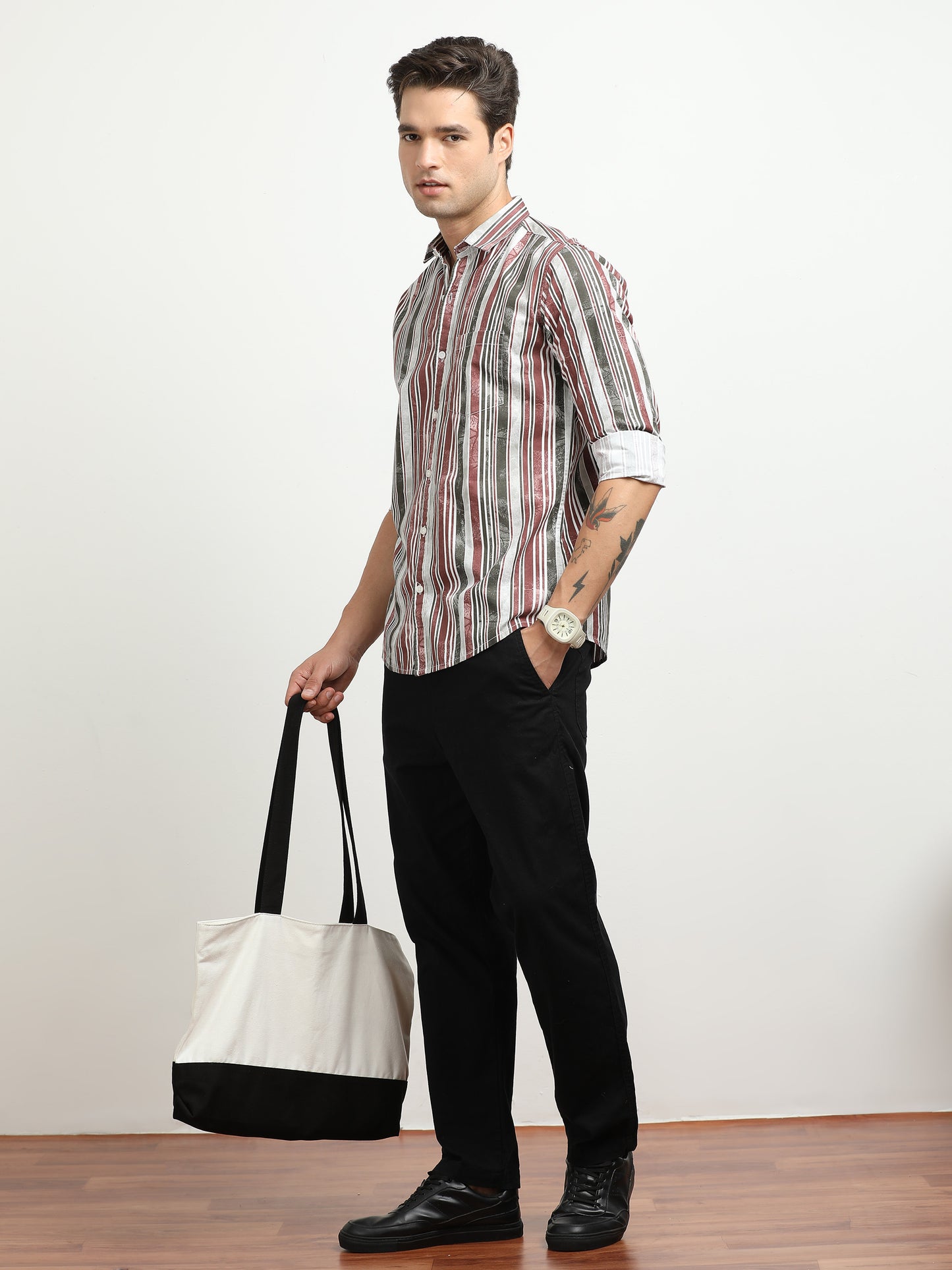 Men’s White with Maroon & Grey Vertical Striped Slim Fit Shirt By Black Thread