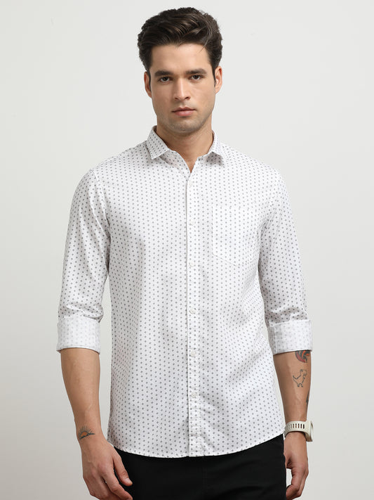 Men’s White Micro Printed Slim Fit Casual Shirt By Black Thread
