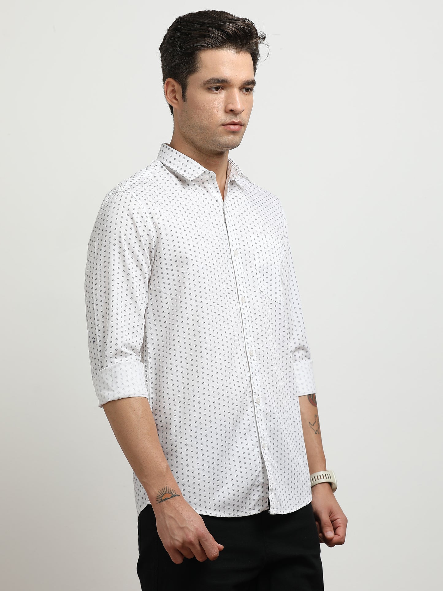 Men’s White Micro Printed Slim Fit Casual Shirt By Black Thread