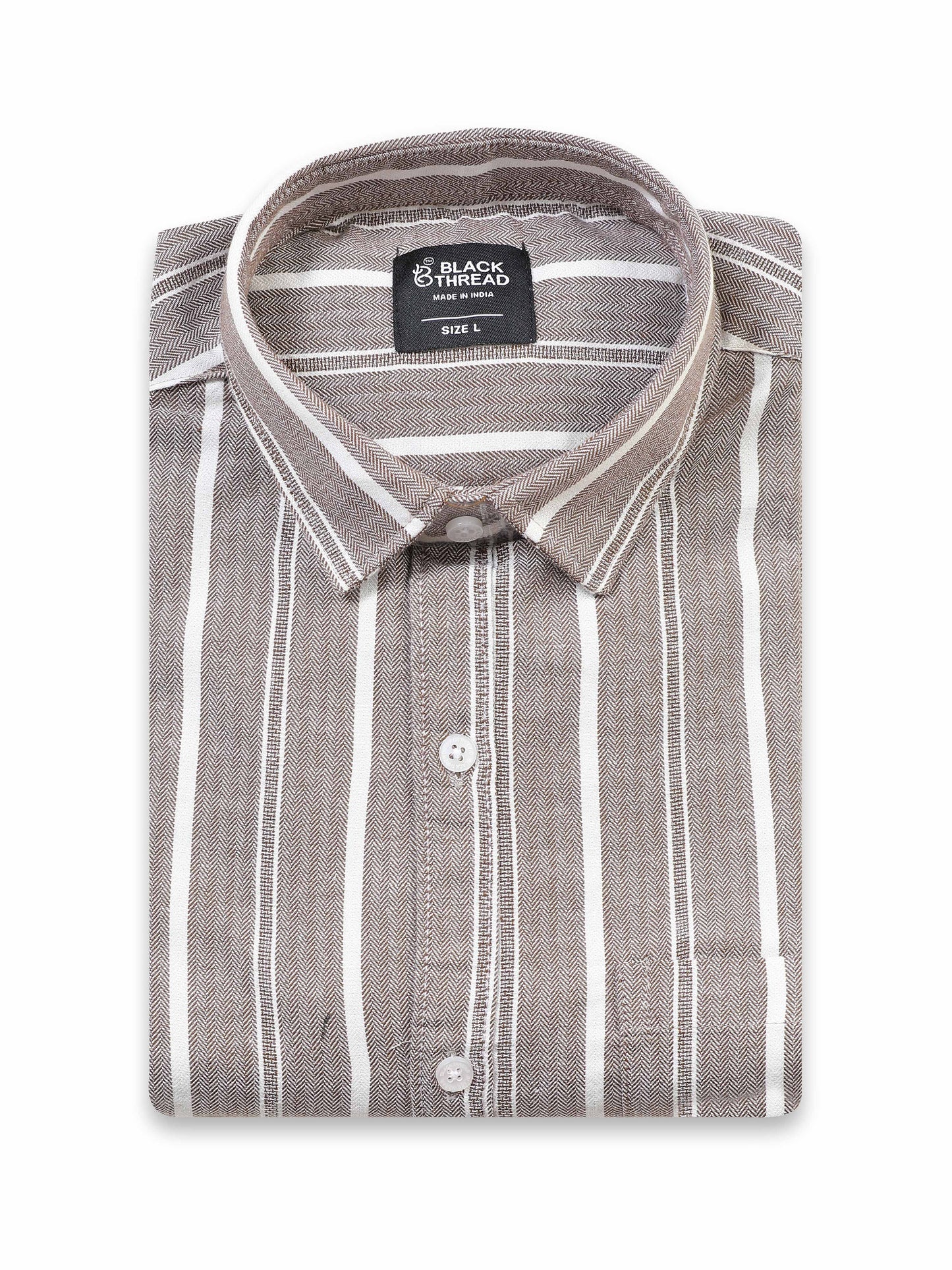 Men’s Brown & White Vertical Striped Slim Fit Casual Shirt By Black Thread