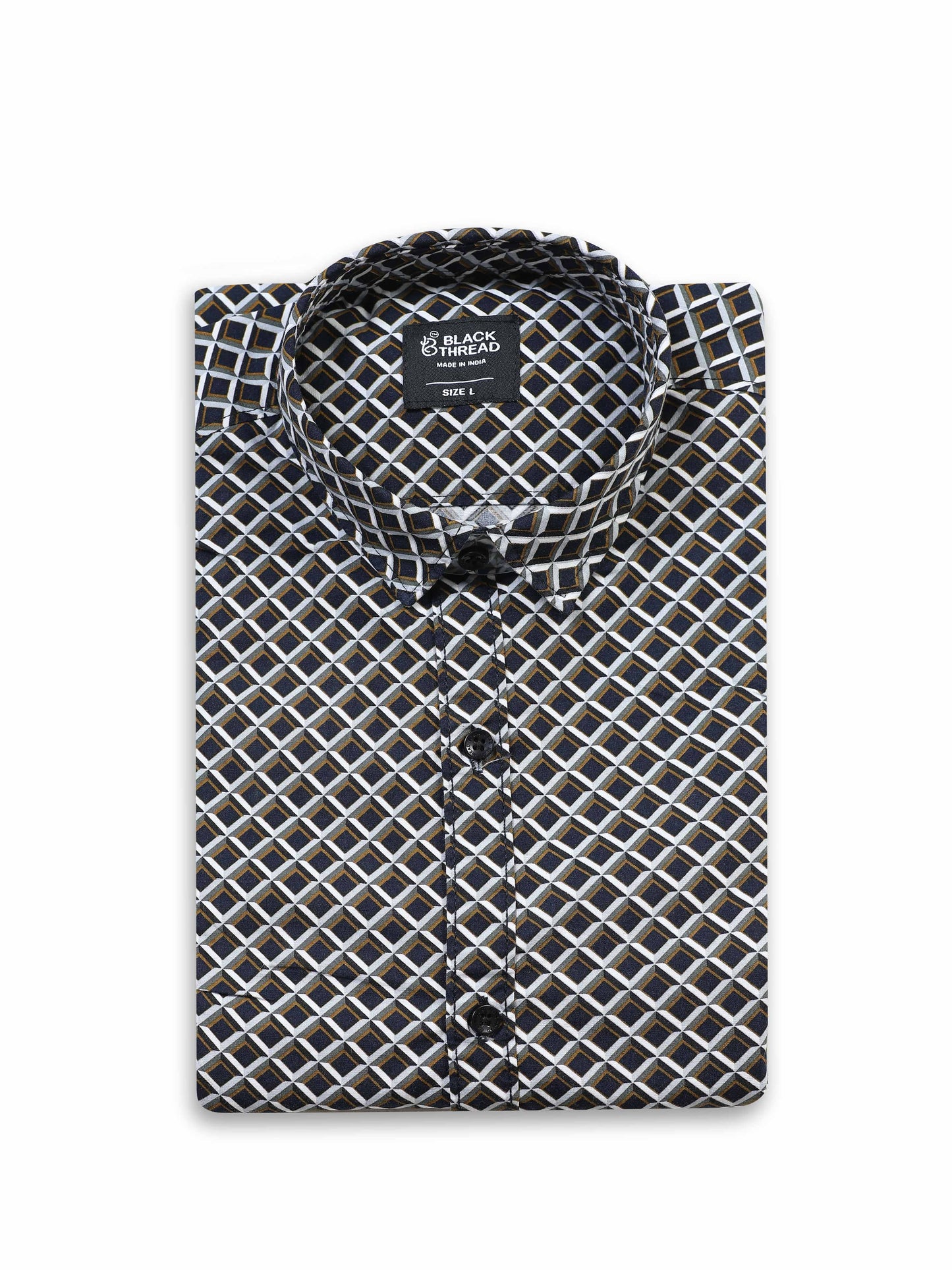 Men’s Black & Beige Geometric Printed Casual Shirt By Black Thread
