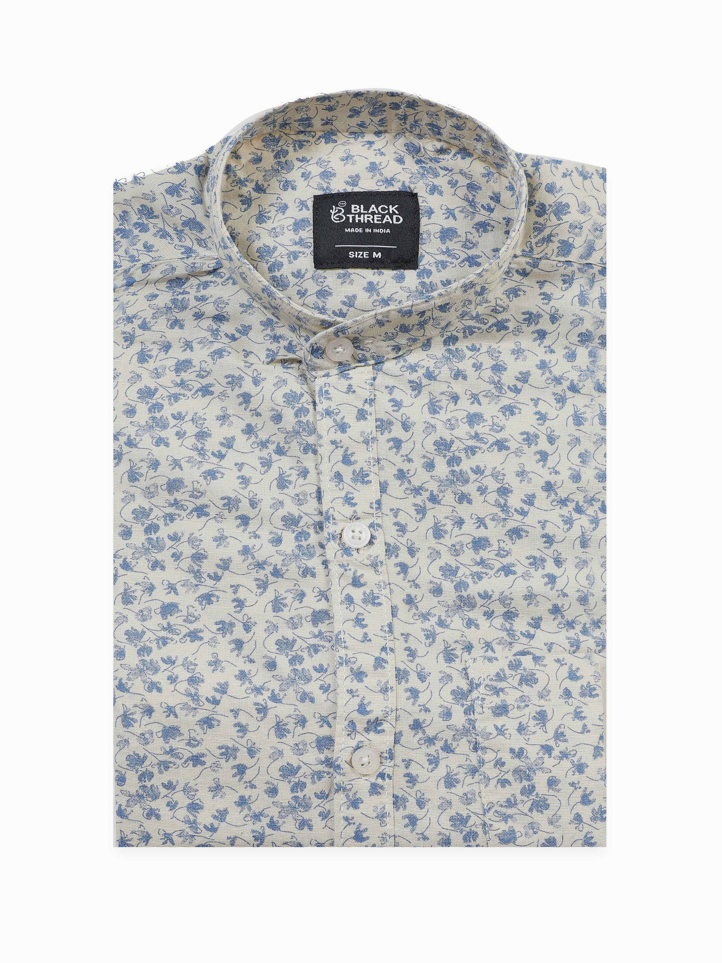 Men’s Cream & Blue Floral Printed Slim Fit Casual Shirt By Black Thread
