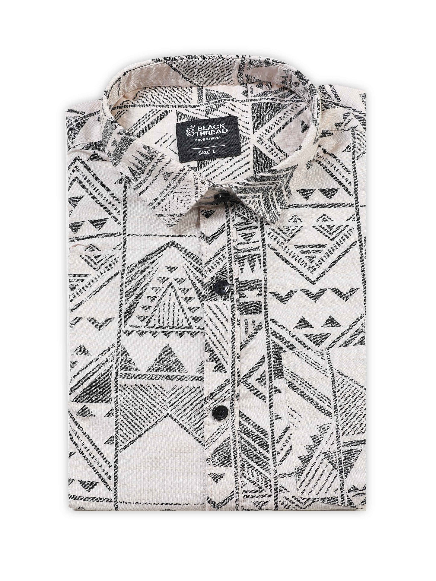 Men’s Beige & Black Tribal Printed Slim Fit Casual  By Black Thread