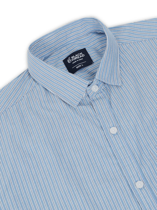 Men’s Blue & White Vertical Striped Slim Fit Casual Shirt By Black Thread