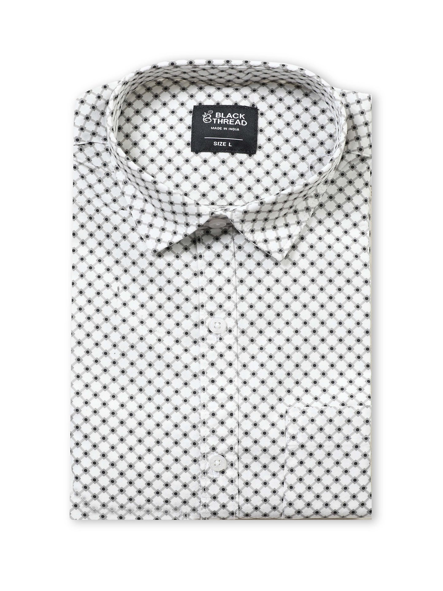 Men’s White & Black Geometric Printed Slim Fit Casual Shirt By Black Thread