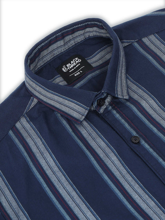 Men’s Navy Blue Vertical Striped Casual Shirt By Black Thread