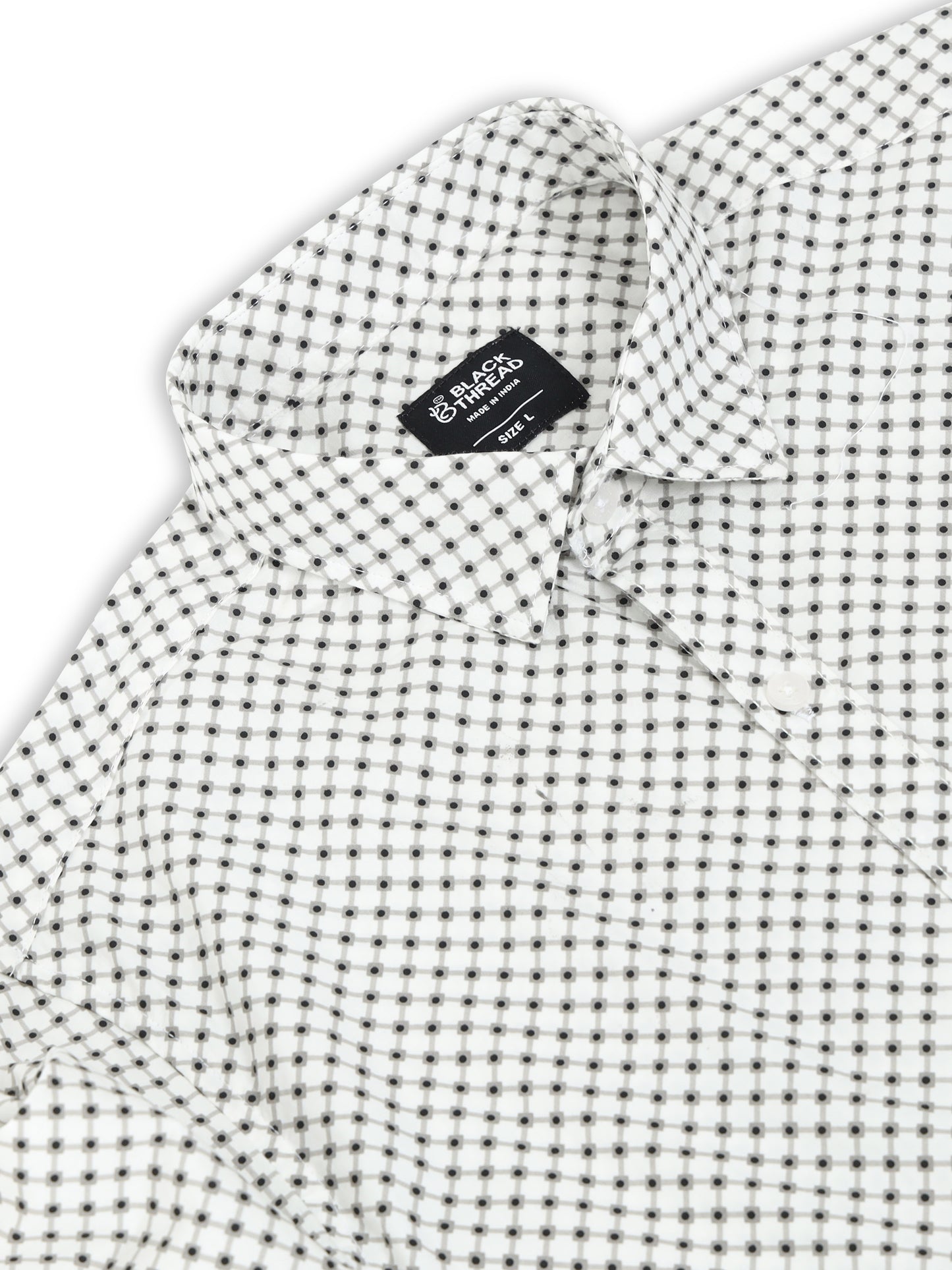 Men’s White & Black Geometric Printed Slim Fit Casual Shirt By Black Thread